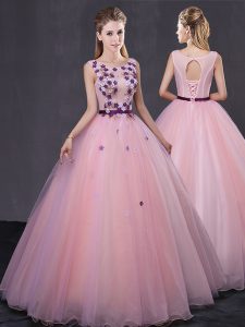 Unique Scoop Sleeveless Floor Length Appliques Lace Up Sweet 16 Dress with Baby Pink
