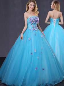 Fashionable Baby Blue Strapless Neckline Appliques Quinceanera Dress Sleeveless Lace Up