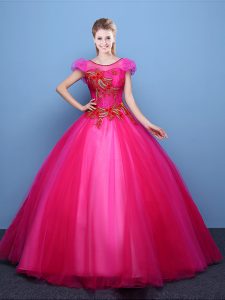 Scoop Floor Length Ball Gowns Short Sleeves Hot Pink Ball Gown Prom Dress Lace Up