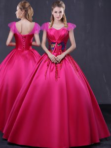 Appliques Sweet 16 Quinceanera Dress Hot Pink Lace Up Cap Sleeves Floor Length