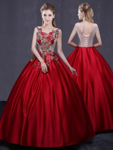 Luxury Wine Red Lace Up Scoop Appliques Quinceanera Gown Satin Sleeveless