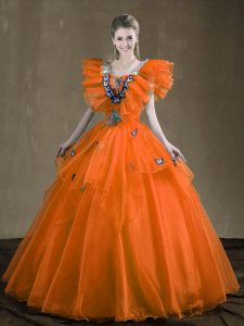 Classical Sweetheart Sleeveless 15 Quinceanera Dress Floor Length Appliques and Ruffles Orange Red Organza