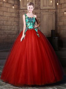 One Shoulder Pattern Sweet 16 Dresses Rust Red Lace Up Sleeveless Floor Length