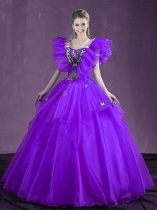 Sleeveless Lace Up Floor Length Appliques and Ruffles Ball Gown Prom Dress
