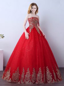 Top Selling Sleeveless Floor Length Appliques and Sequins Lace Up 15 Quinceanera Dress with Red