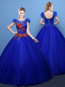 Scoop Royal Blue Short Sleeves Appliques Floor Length Quinceanera Gowns