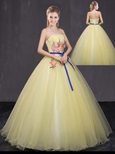 Affordable Yellow Ball Gowns Strapless Sleeveless Tulle Floor Length Lace Up Appliques Sweet 16 Dress