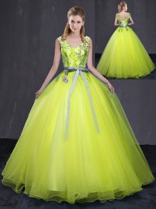 Romantic Yellow Green Tulle Lace Up Sweet 16 Quinceanera Dress Sleeveless Floor Length Appliques and Belt
