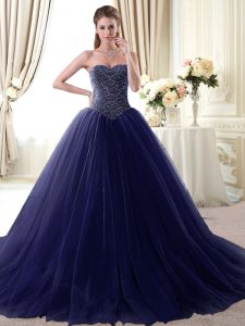 Decent Navy Blue Ball Gowns Sweetheart Sleeveless Tulle Floor Length Lace Up Beading 15 Quinceanera Dress