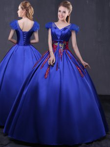 Royal Blue Lace Up V-neck Appliques Quinceanera Dress Satin Cap Sleeves