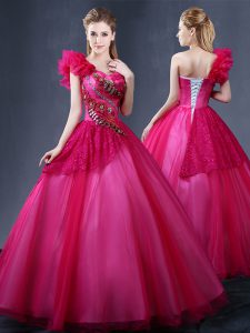 Ball Gowns Quinceanera Gowns Fuchsia One Shoulder Tulle Sleeveless Floor Length Lace Up