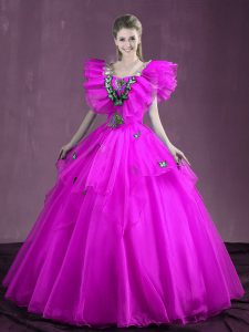 High End Fuchsia Sleeveless Organza Lace Up Quinceanera Gown for Military Ball and Sweet 16 and Quinceanera