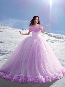 Admirable Off the Shoulder Lilac 15th Birthday Dress Tulle Court Train Cap Sleeves Hand Made Flower