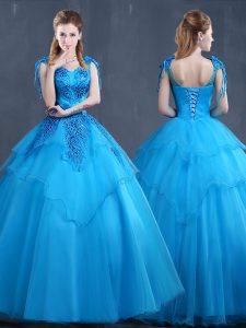 Great Baby Blue Sleeveless Floor Length Appliques Lace Up Quinceanera Gowns