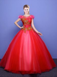 Scoop Appliques 15th Birthday Dress Coral Red Lace Up Short Sleeves Floor Length