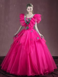 Hot Pink Organza Lace Up Quinceanera Dresses Sleeveless Floor Length Appliques and Ruffles