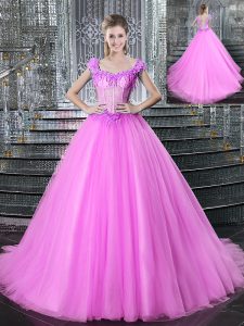Straps Fuchsia Tulle Lace Up 15th Birthday Dress Sleeveless With Brush Train Beading and Appliques