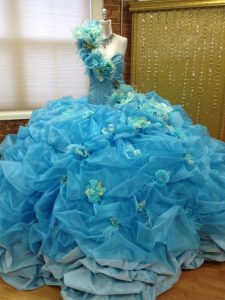 Glamorous Blue Taffeta and Tulle Lace Up One Shoulder Sleeveless Floor Length Sweet 16 Quinceanera Dress Pick Ups and Ha