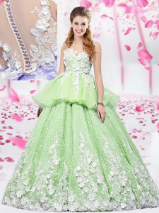 Yellow Green Scoop Neckline Lace and Appliques Quinceanera Dresses Sleeveless Lace Up