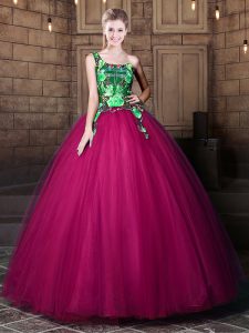 Best Fuchsia Ball Gowns Tulle One Shoulder Sleeveless Pattern Floor Length Lace Up Sweet 16 Dresses