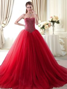 Perfect Brush Train Ball Gowns Sweet 16 Dress Red Sweetheart Tulle Sleeveless With Train Lace Up