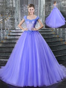 Classical Straps Tulle Sleeveless With Train Sweet 16 Quinceanera Dress Brush Train and Beading