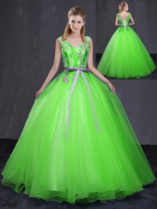 Ball Gowns V-neck Sleeveless Tulle Floor Length Lace Up Appliques and Belt 15th Birthday Dress