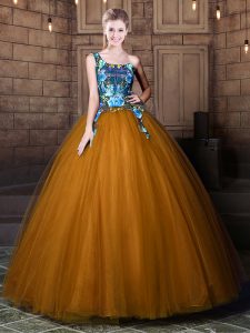 Attractive Brown Ball Gown Prom Dress Military Ball and Sweet 16 and Quinceanera and For with Pattern One Shoulder Sleev