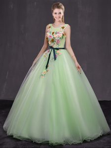 Spectacular Scoop Yellow Green Lace Up Ball Gown Prom Dress Appliques Sleeveless Floor Length