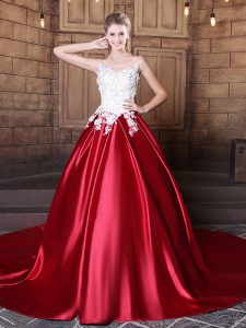Scoop Floor Length Lace Up Quinceanera Dress Wine Red for Military Ball and Sweet 16 and Quinceanera with Lace and Appli