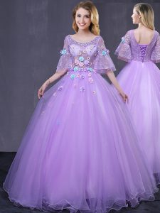 Graceful Scoop Lavender Lace Up Ball Gown Prom Dress Lace and Appliques Half Sleeves Floor Length