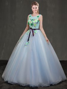 Scoop Sleeveless Organza Floor Length Lace Up Quinceanera Gowns in Light Blue with Appliques