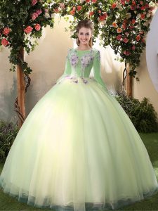 Charming Scoop Light Yellow Ball Gowns Appliques Quince Ball Gowns Lace Up Tulle Long Sleeves Floor Length