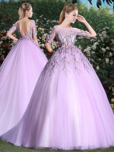 Low Price Scoop Short Sleeves Brush Train Backless Quinceanera Gowns Lilac Tulle