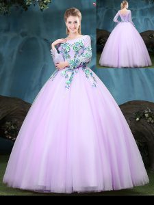 Elegant Scoop Long Sleeves Floor Length Lace Up Sweet 16 Dress Lilac for Military Ball and Sweet 16 and Quinceanera with