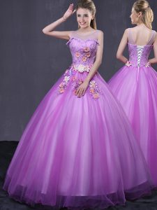 Affordable Scoop Sleeveless Lace Up Floor Length Beading and Appliques Ball Gown Prom Dress