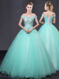 Shining Off the Shoulder Floor Length Apple Green 15 Quinceanera Dress Tulle Sleeveless Appliques