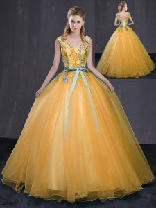 Custom Made Gold Sleeveless Tulle Lace Up 15 Quinceanera Dress for Military Ball and Sweet 16 and Quinceanera