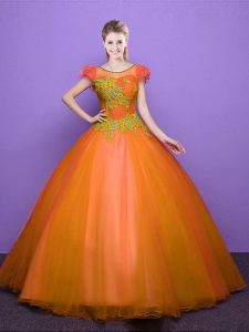 Scoop Short Sleeves Floor Length Lace Up Quinceanera Gowns Orange for Military Ball and Sweet 16 and Quinceanera with Ap