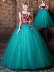 One Shoulder Tulle Sleeveless Floor Length Quinceanera Dresses and Pattern