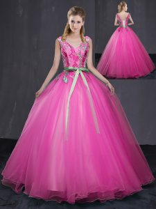 Decent Hot Pink Ball Gowns V-neck Sleeveless Tulle Floor Length Lace Up Appliques and Belt Quinceanera Gowns