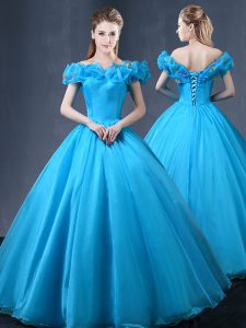 Baby Blue Tulle Lace Up Off The Shoulder Cap Sleeves Floor Length 15th Birthday Dress Appliques
