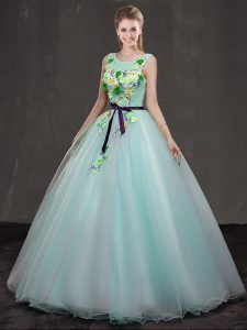 Pretty Scoop Apple Green Lace Up 15th Birthday Dress Appliques Sleeveless Floor Length