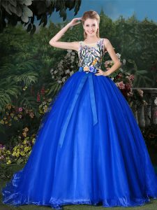 Customized Scoop Sleeveless Organza Quinceanera Gown Appliques and Belt Brush Train Zipper