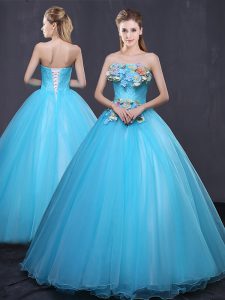 Baby Blue Lace Up Strapless Appliques Quinceanera Gown Tulle Sleeveless