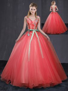 Lovely Sleeveless Lace Up Floor Length Appliques and Belt Sweet 16 Dresses
