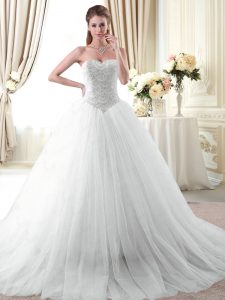 Sleeveless Tulle With Brush Train Lace Up Vestidos de Quinceanera in White with Beading