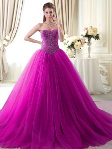 Flirting Fuchsia Sleeveless Tulle Brush Train Lace Up Quinceanera Dresses for Military Ball and Sweet 16 and Quinceanera