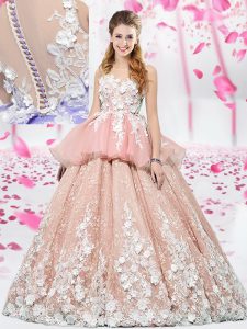 Stylish Scoop Sleeveless Lace Up Quince Ball Gowns Pink Organza and Tulle