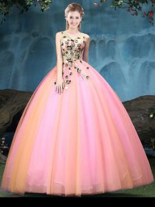 Multi-color Ball Gowns V-neck Sleeveless Tulle Floor Length Lace Up Appliques 15th Birthday Dress